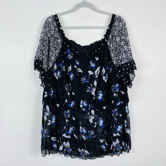 Cato Plus Size 26 28 Floral Print Mesh Short Sleeve Stretch Blouse Top Black - Picture 2 of 5